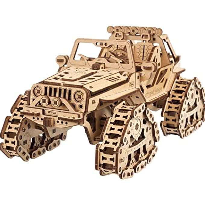 TRACKED OFF-ROAD VEHICLE - 4WD MODEL VEHICLE KITS TO BUILD - DIY 3D CAR MODEL PUZZLE WITH SPRING MOTOR, 2 DRIVING MODES, OPENABLE HOOD WITH ENGINE - 3D WOODEN PUZZLES FOR ADULTS - Image 1